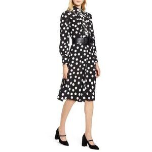 HALOGEN X ATLANTIC PACIFIC Black & White Polka Dot Fit & Flare Dress Size 10 EUC